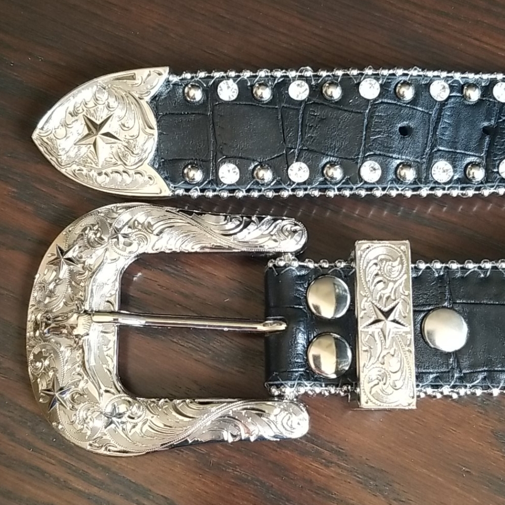 Genuine Leather Southwestern Interchangeable Buckle Rhinestone Silvertone - Picture 13 of 14